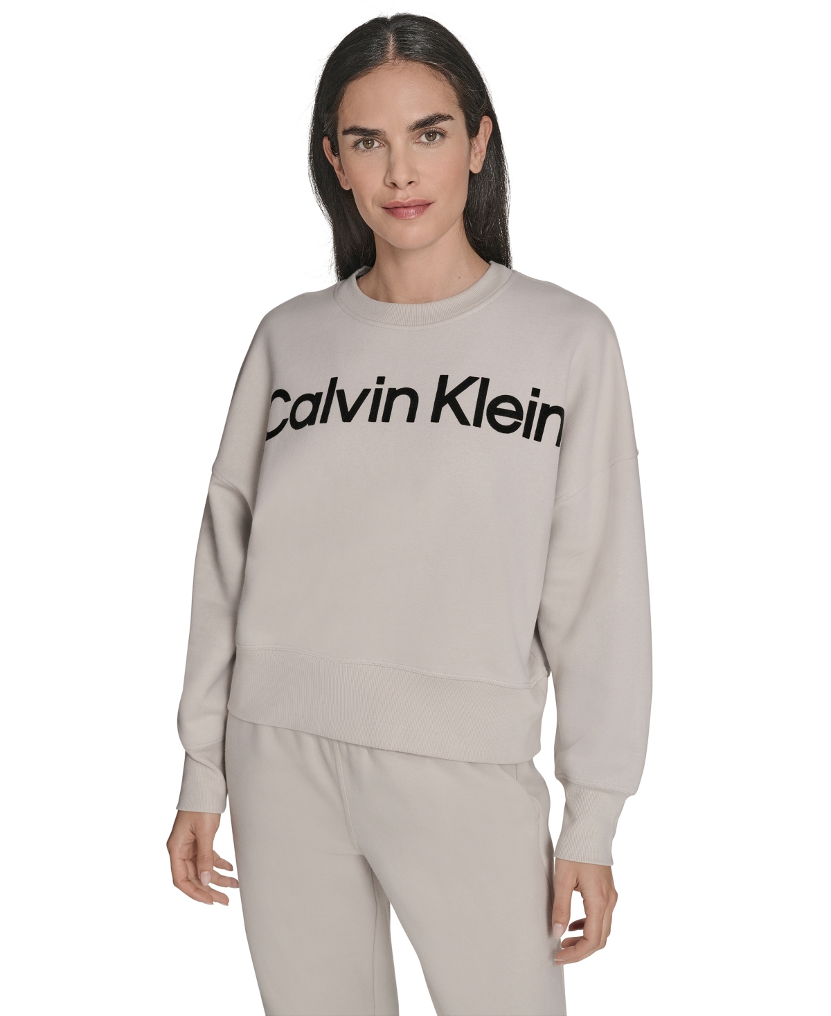 Calvin Klein Women's Performance Flocked Logo Pull-On Sweatshirt - Porcini