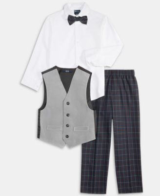 Boys' 2T-7 Gray Velvet Vest, Shirt, Bow Tie and Plaid Pants,4-Piece Set
