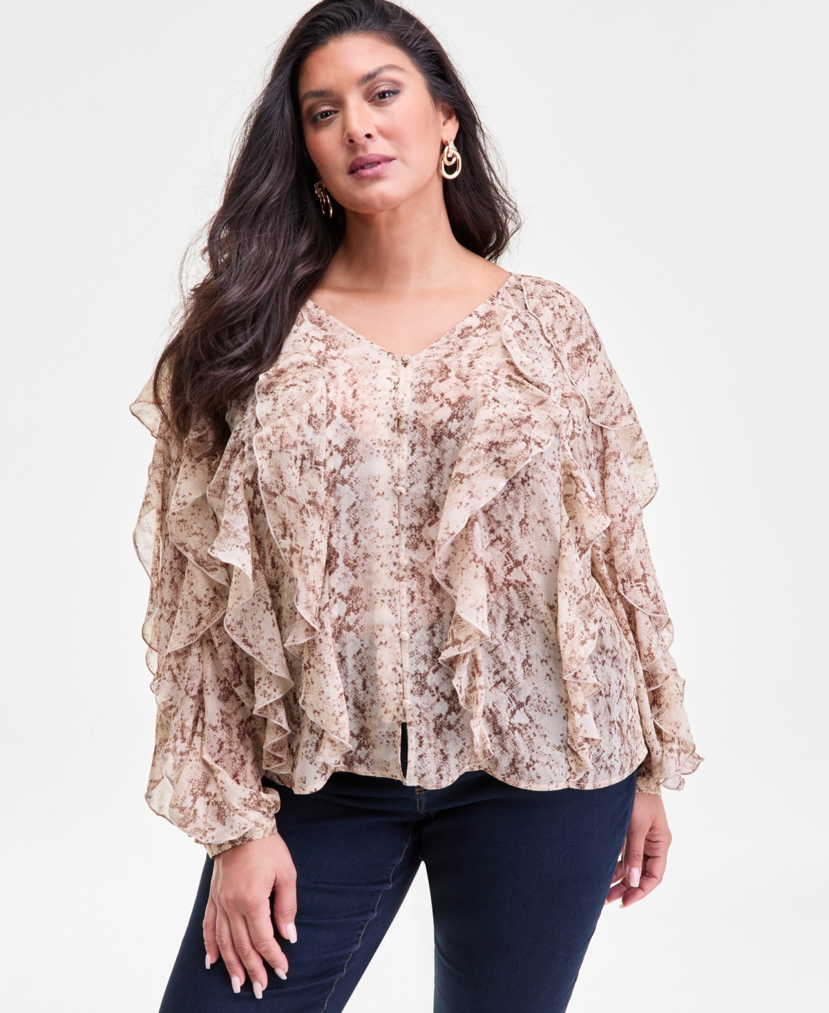 I.n.c. International Concepts Plus Printed Long-Sleeve Ruffled Blouse, Macy's Exclusive