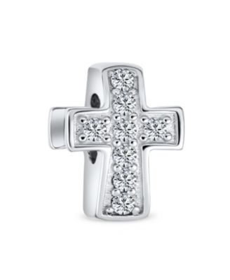Simple Sparkling CZ Cross & Solid Spacer Clear Charm Bead Sterling