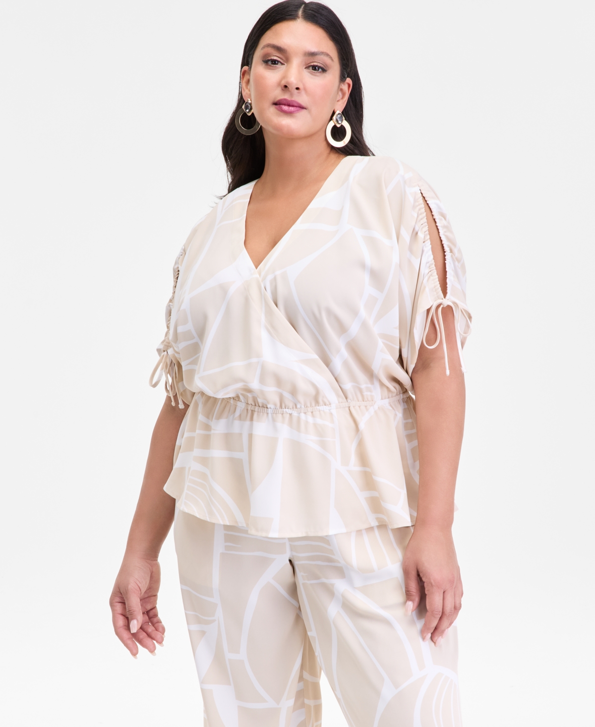 Inc International Concepts Plus Size Printed Split-sleeve Peplum Top, Macy's Exclusive
