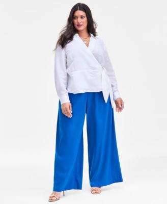 Plus Size Linen-Blend Tied Surplice Top, Exclusively at Macy's