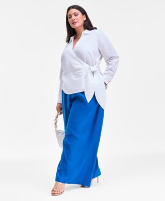 Plus Size Linen-Blend Tied Surplice Top, Exclusively at Macy's