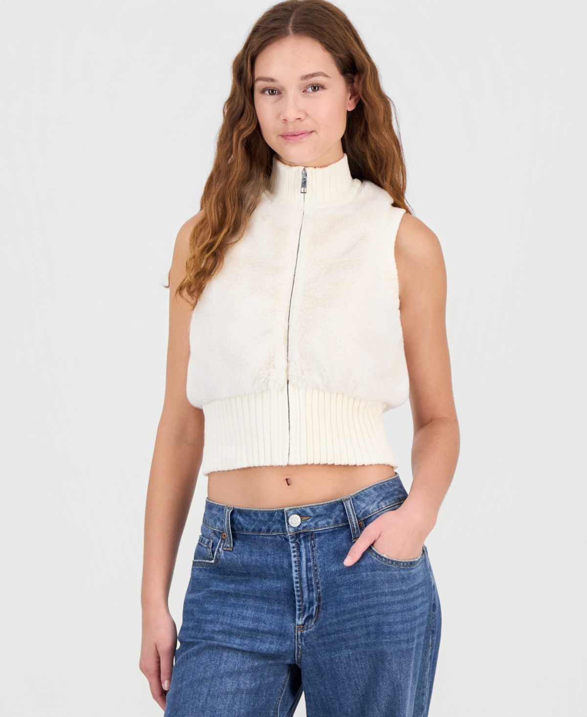 Planet Heart Juniors' Mock-Neck Faux-Fur Vest