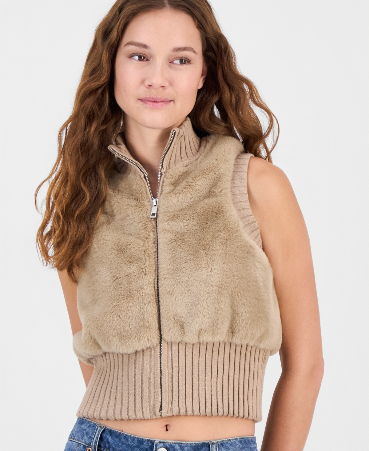 Planet Heart Juniors' Mock-neck Faux-fur Vest In Brown