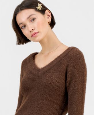 Women's V-Neck Long-Sleeve Eyelash Sweater