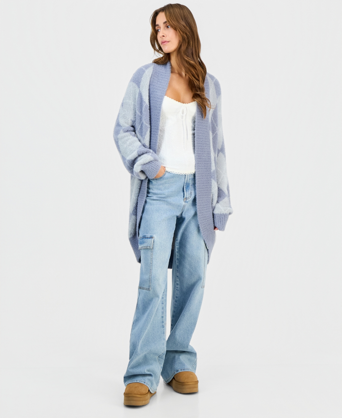 Hippie Rose Juniors' Open-front Eyelash Cardigan In Blue