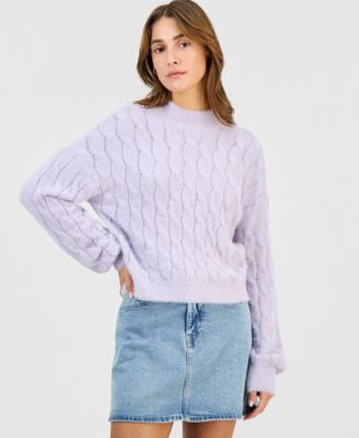 Juniors' Mock-Neck Eyelash-Cable Knit Sweater