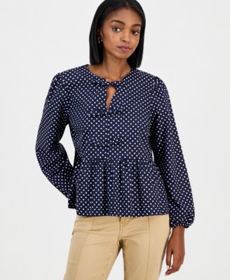 Nautica Jeans - Women's Dot-Print Bow-Trim Cotton Peplum Blouse