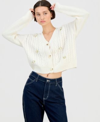 Ultra Flirt - Juniors' Novelty Flower Three-Button Cardigan Sweater