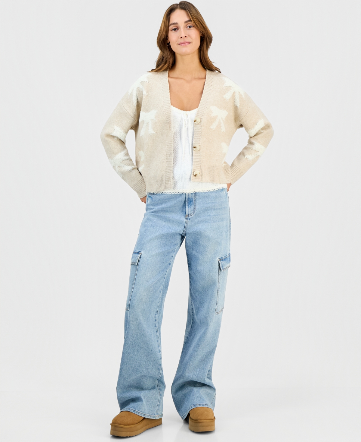 Ultra Flirt Juniors' Novelty Three-button Cardigan Sweater In White