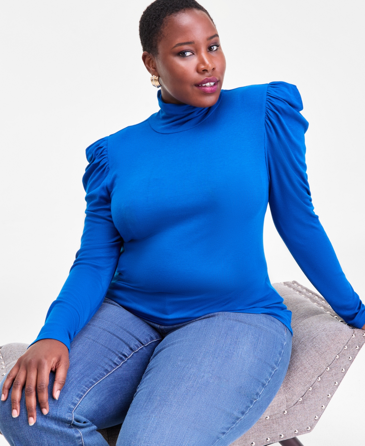 I.n.c. International Concepts Plus Puff-Shoulder Ribbed Turtleneck, Created for Macy's