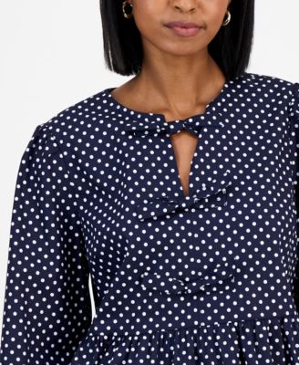 Women's Dot-Print Bow-Trim Cotton Peplum Blouse 