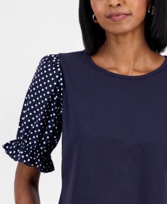 Nautica Women's Round-Neck Contrast-Puff-Sleeve Top