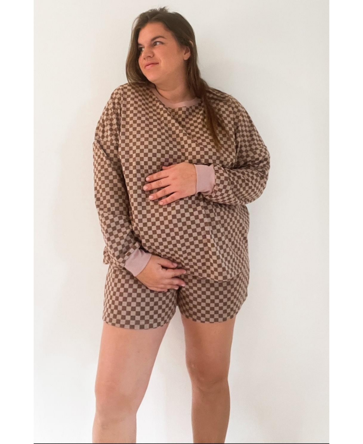 Pinkblush Maternity Mocha Checkered Plaid Pullover Shorts Set