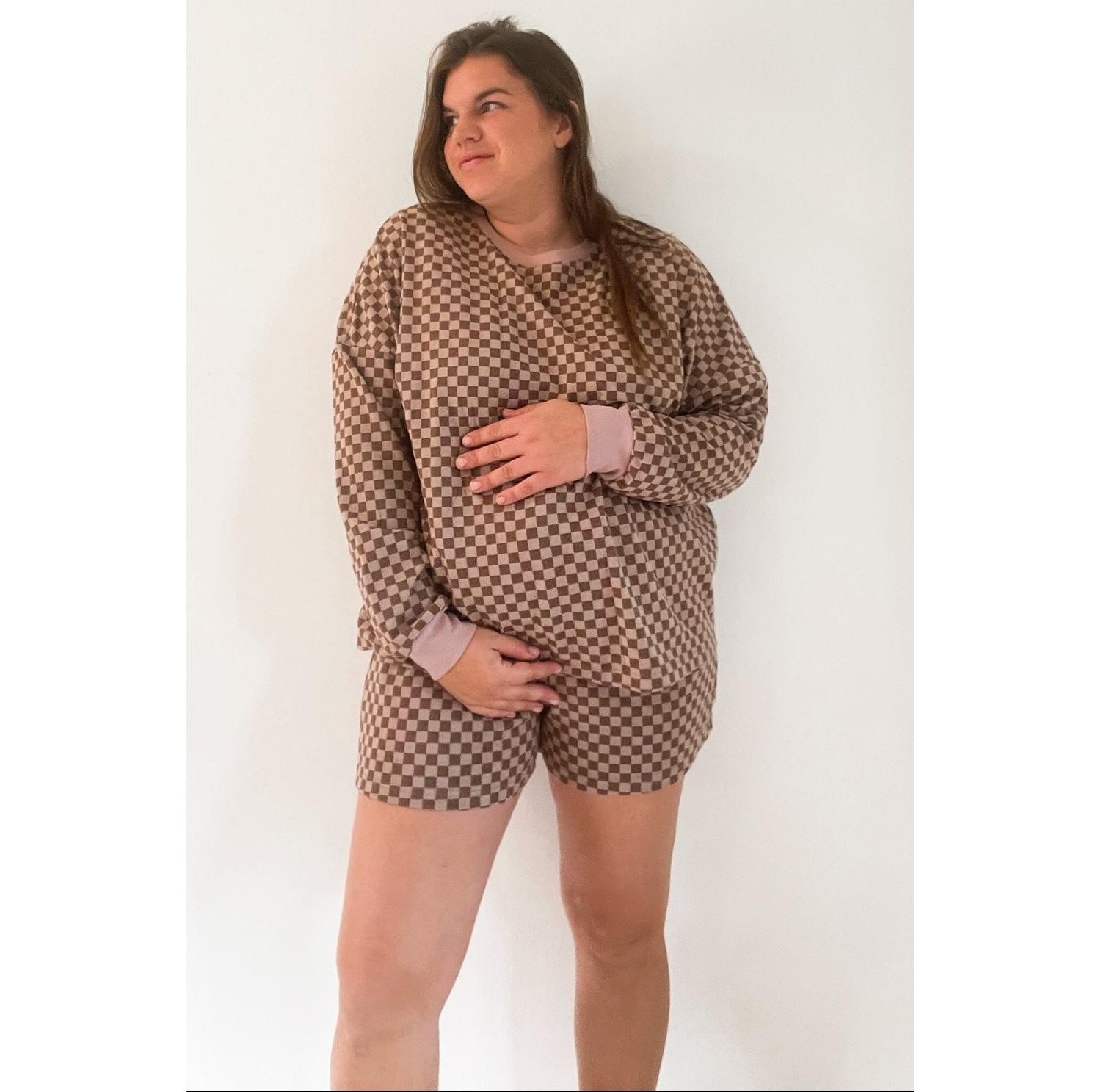 Women's Mocha Checkered Plaid Pullover Shorts Set