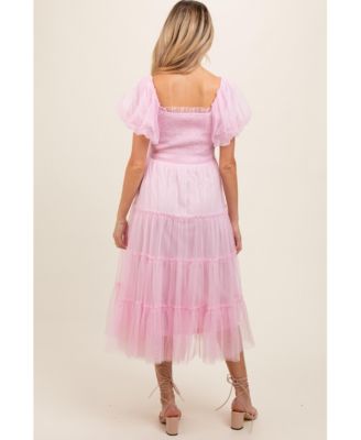 Maternity Light Pink Smocked Tiered Tulle Midi Dress