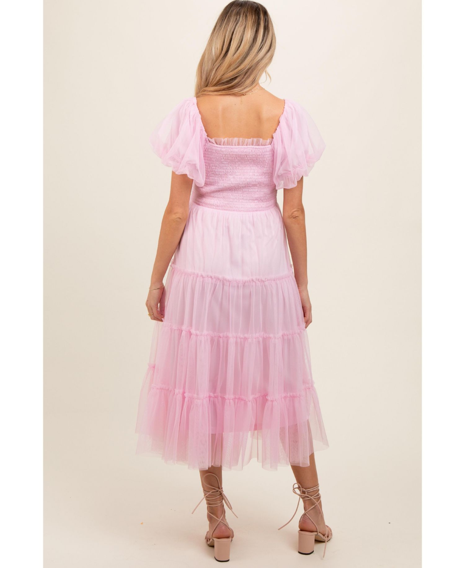 Women's Light Pink Smocked Tiered Tulle Midi Dress