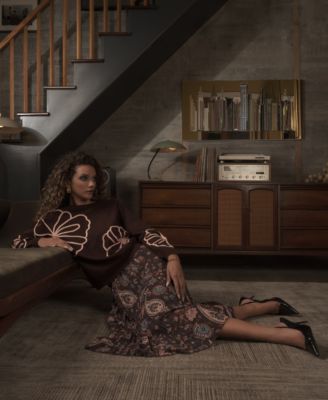 Women's Printed Pull-On Pleated Midi Skirt 