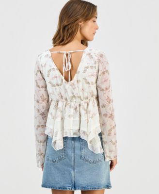 Juniors' Long-Sleeve Hanky-Hem Woven Top