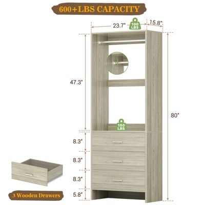 24" Freestanding Closet Organizer System with Hanging Rods and Drawers