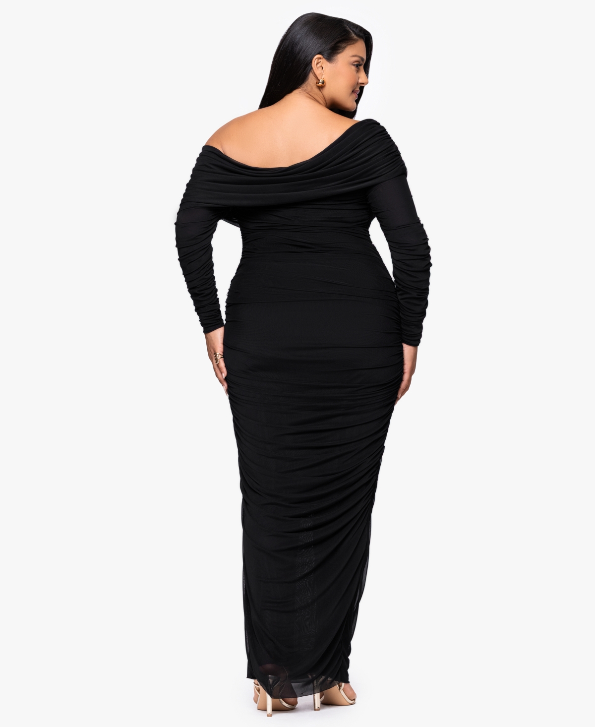 Betsy & Adam Plus Size Long Ruched Mesh Dress In Black