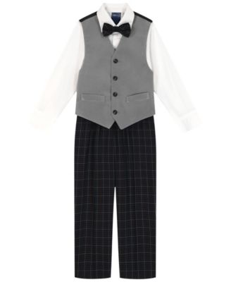Boys' 2T-7 Gray Velvet Vest, Shirt, Bow Tie and Plaid Pants,4-Piece Set