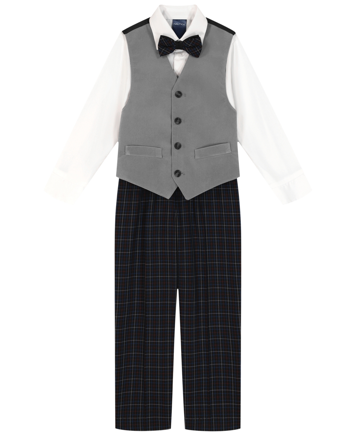 Nautica Toddler & Little Boys Grey Velvet Vest, Shirt, Bow Tie & Plaid Pants Set In Multi