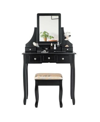 Makeup Vanity Set with Mirror and Cushioned Stool