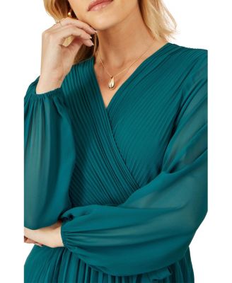 Women's Long Sleeved Pleated Midi Wrap Dress