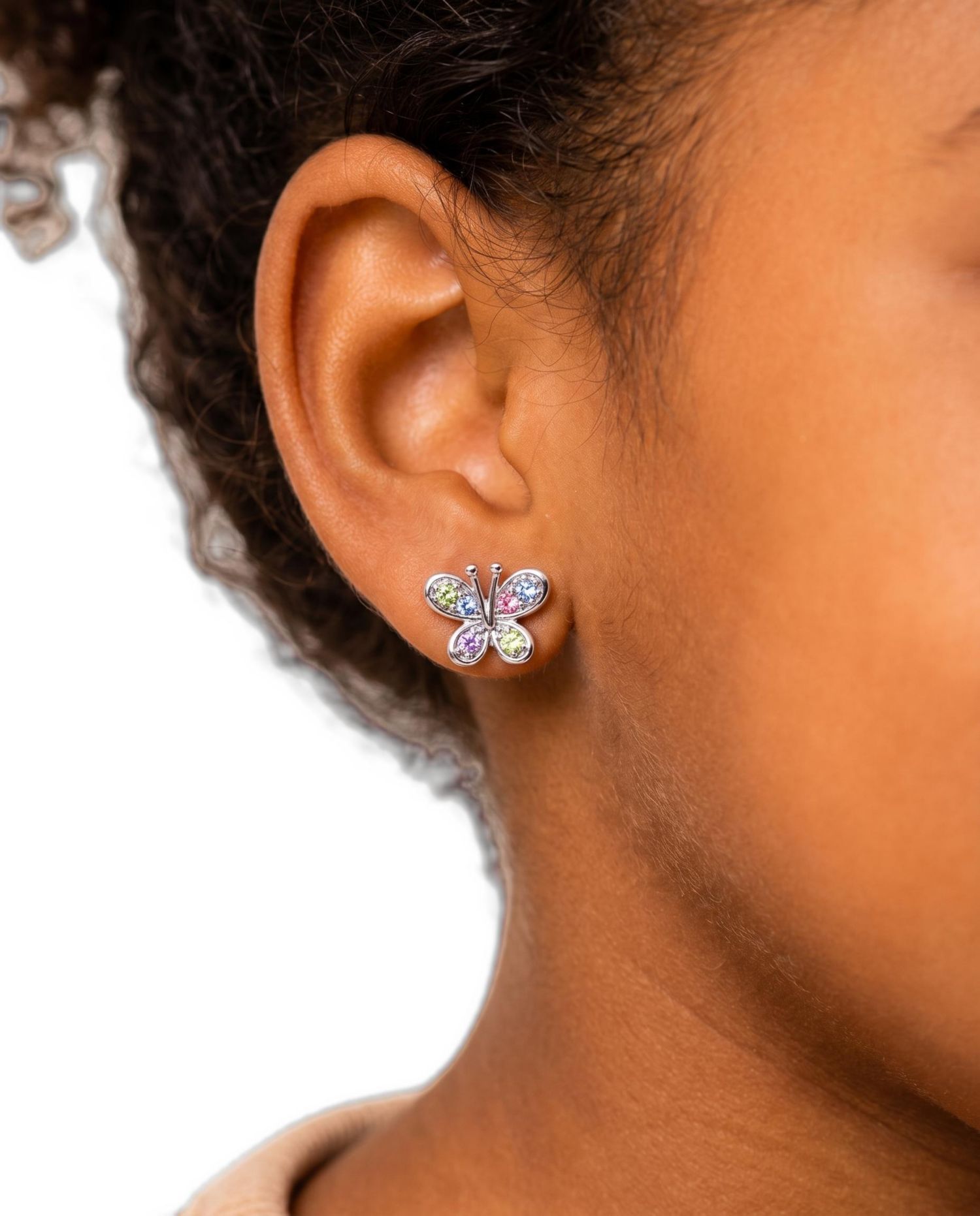 Girls Butterfly Mulit-color Crystal White Gold Rhodium Plated Screwstud Earring