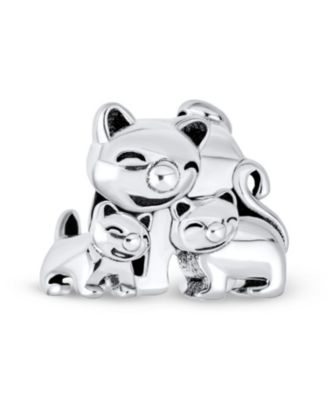 Set of 2 Mommy Cat & Kittens Family & I Love My Cat Round Charm Bead Sterling Silver
