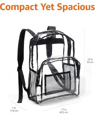 Basics Transparent School Backpack, With Water-Resistant PVC Plastic Material and Ruggedly Reinforced Shoulder Straps, Clear