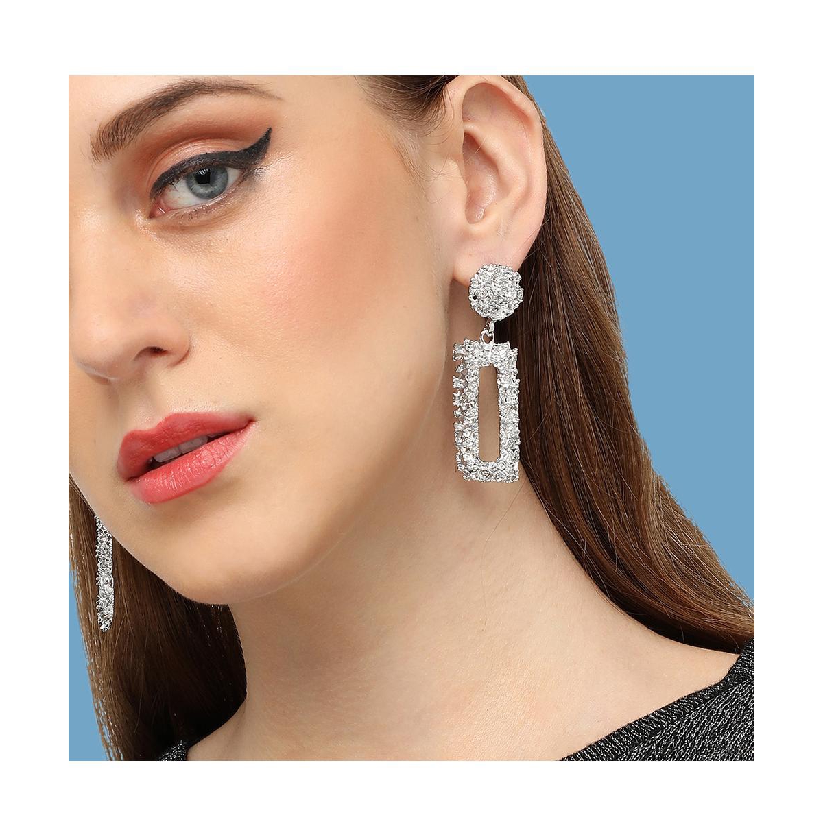 Sohi Women's Silver Textured Geometric Drop Earrings