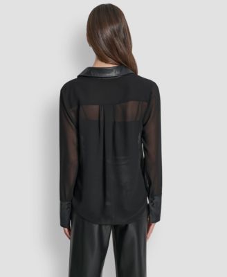 Women's Faux-Leather Trim Sheer-Mesh Shirt