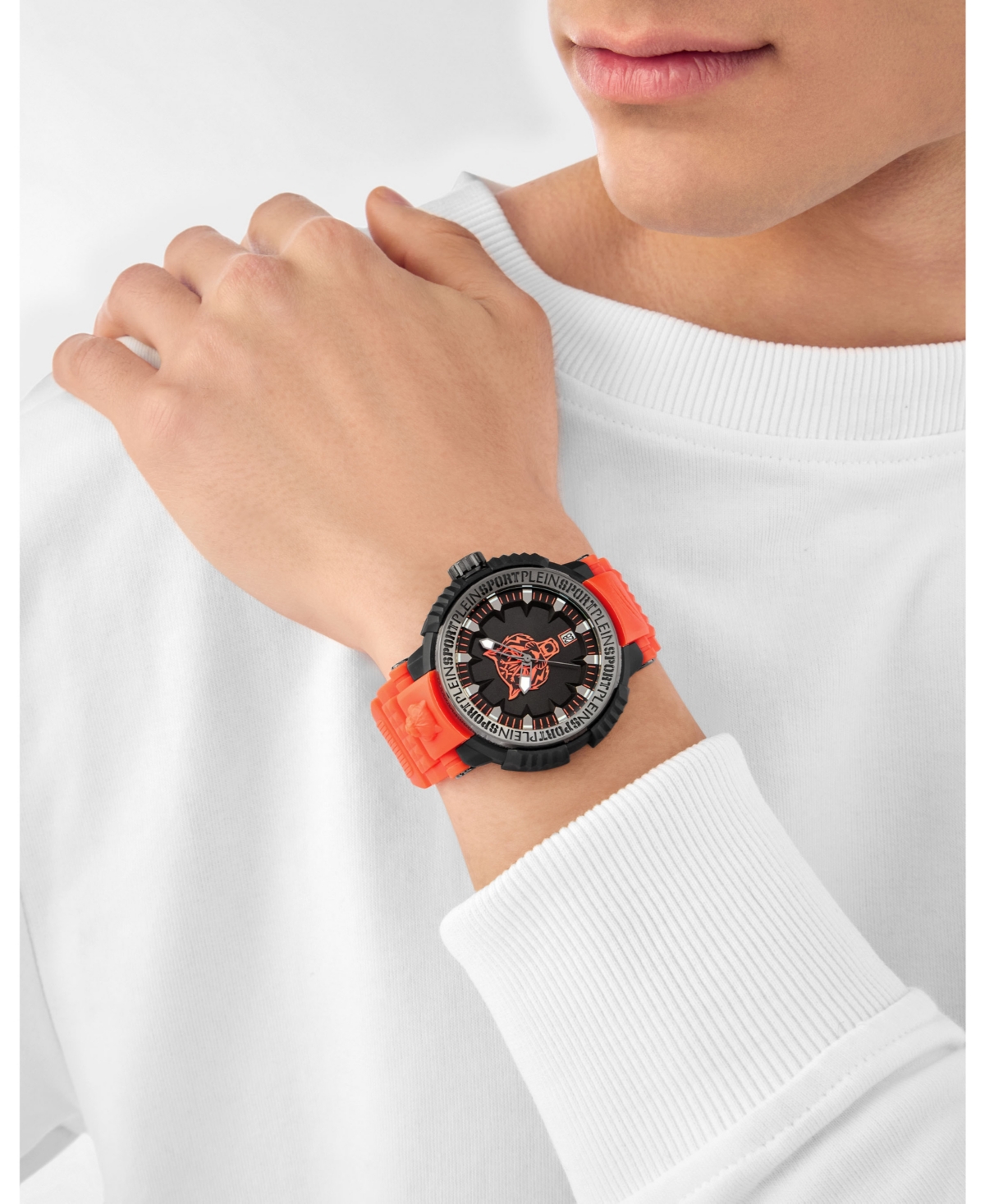 Plein Sport Mens Tiger Power 3 Hand Date Quartz Orange Silicone Strap 45MM