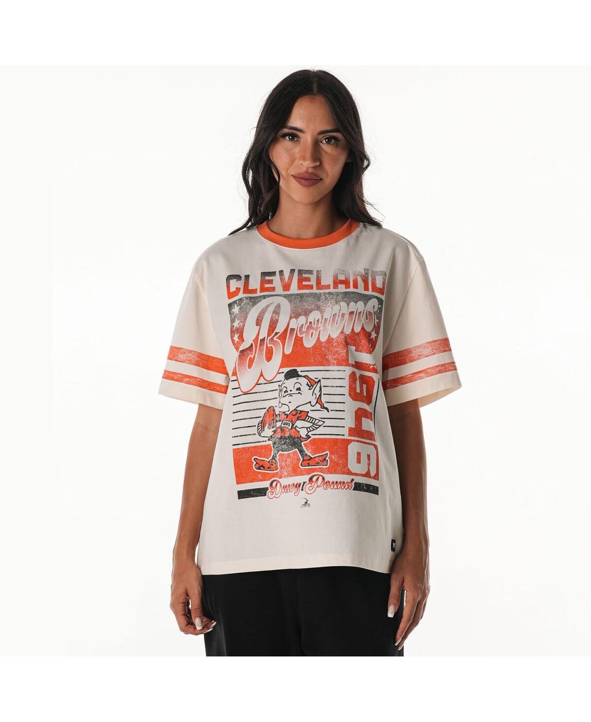 The Wild Collective Women's Cream Cleveland Browns Vintage Drop Shoulder Oversized Boyfriend T-shirt In White