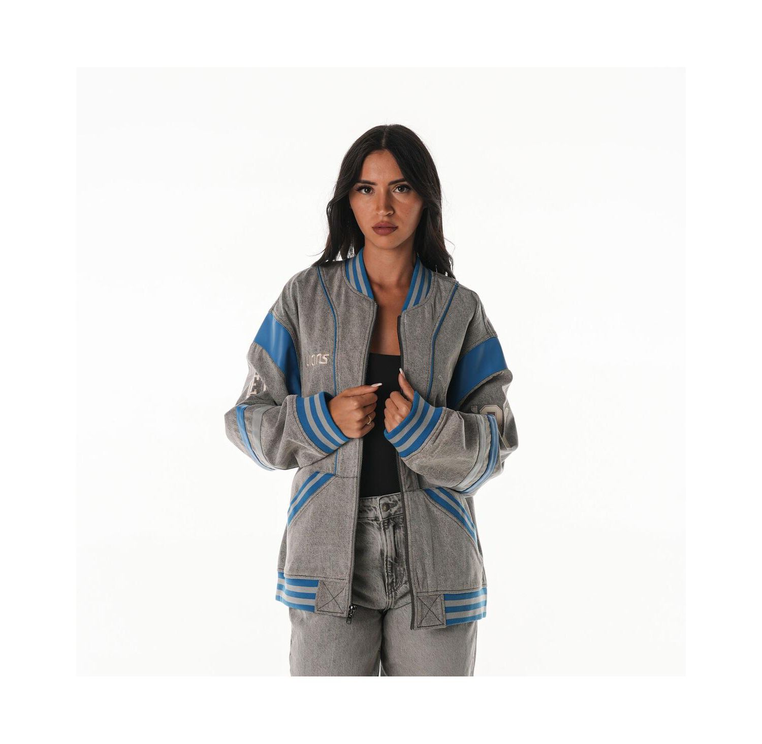 Women's Gray Detroit Lions Oversized Retro Full-Zip Jacket