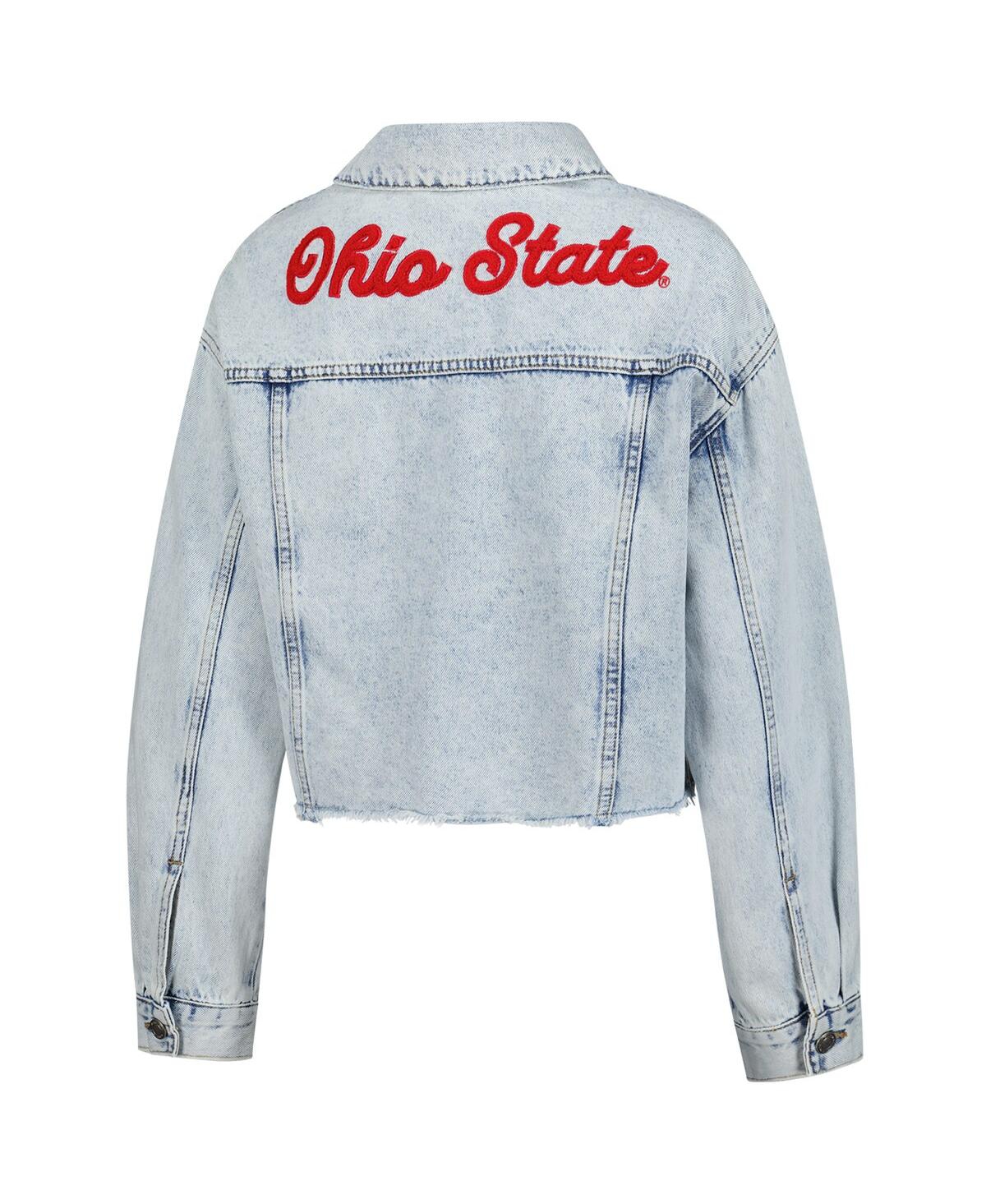 Hype And Vice Women's Denim Ohio State Buckeyes Lightwash Cropped Button-up Jean Jacket In Blue