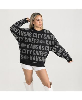 Gameday Couture - Women's Black Kansas City Chiefs Relaxed Drop Shoulder Hype Era Rhinestone Text Sweatshirt
