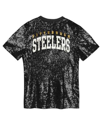Big Girls Black Pittsburgh Steelers Wordmark Sequin V-Neck Top