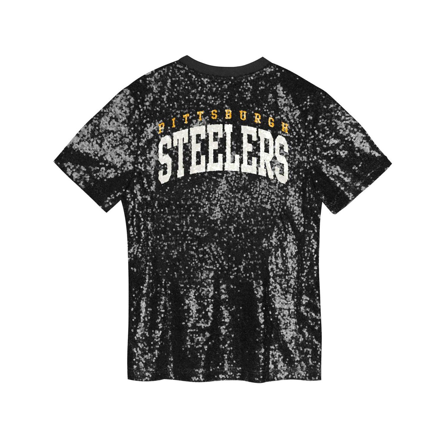 Big Girls Black Pittsburgh Steelers Wordmark Sequin V-Neck Top