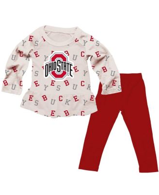 Wes & Willy - Girls Toddler 2-Piece Oatmeal Ohio State Buckeyes Ruffle Raglan Long Sleeve T-Shirt and Leggings Set
