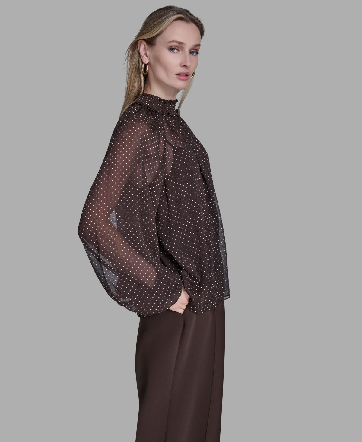Bcbg Women's Smocked High Neck Top In Brown