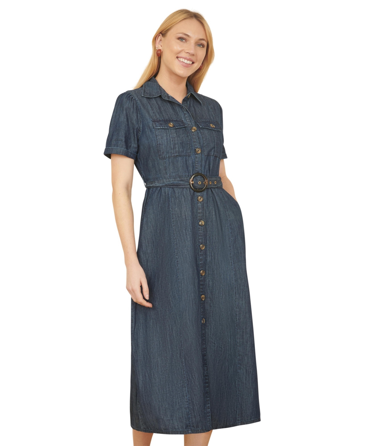 Yumi Women's Chambray Denim Utility Midi Shirt Dress