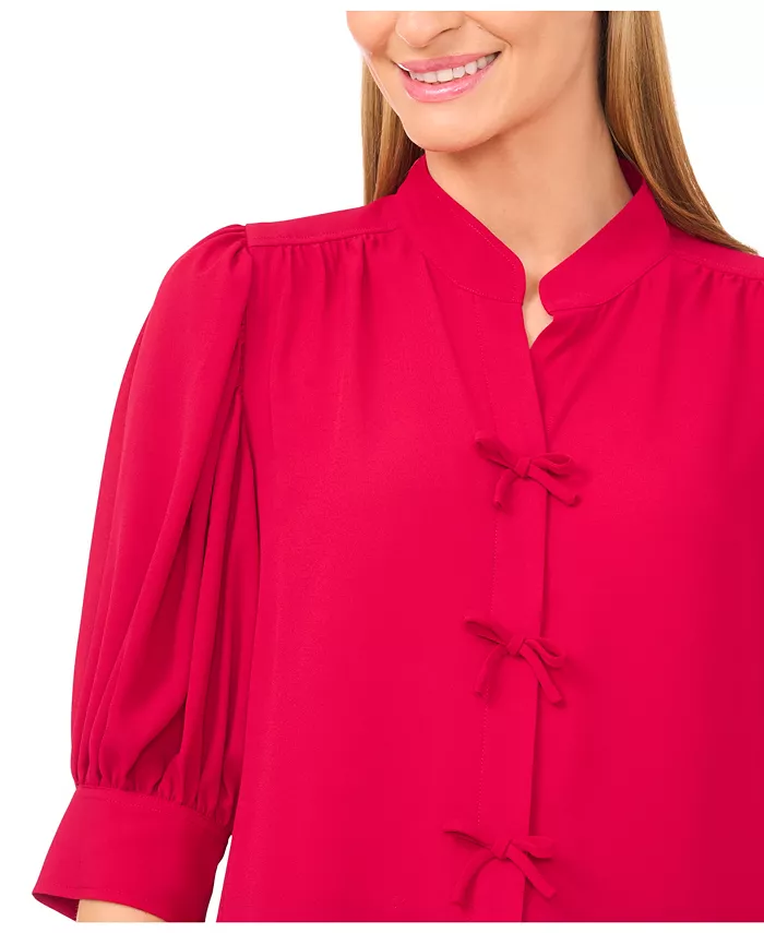 Women's Mutton Sleeve Bow Placket Top - thumbnail 2