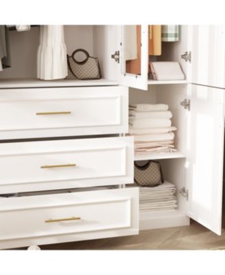 Glass Door Armoire with 3-Drawers , Bedroom Closet with Hanging Rods, Shelves ,Wardrobe