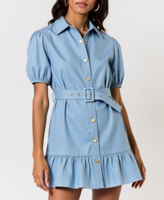 Women's 100% Cotton Belted Puff-Sleeve Mini Dress