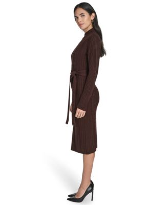 Women's Long Sleeve Mock Neck Belted Midi Sweater Dress