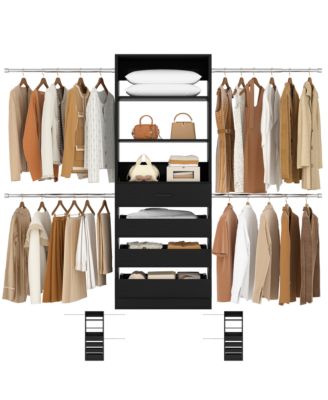 8FT Wall Mounted Closet System with 4 Drawers and 4 Hanging Rods, Garment Rack with Shelves